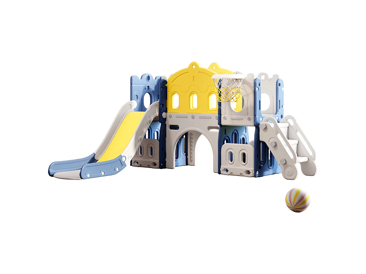 Kids 4-in-1 Slide Playset with Basketball Hoop & Ball Pit - Blue & Yellow