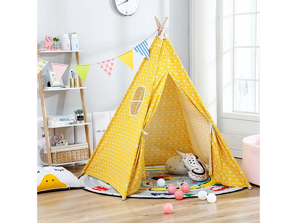 Kids Foldable Teepee Tent with Wooden Poles Yellow