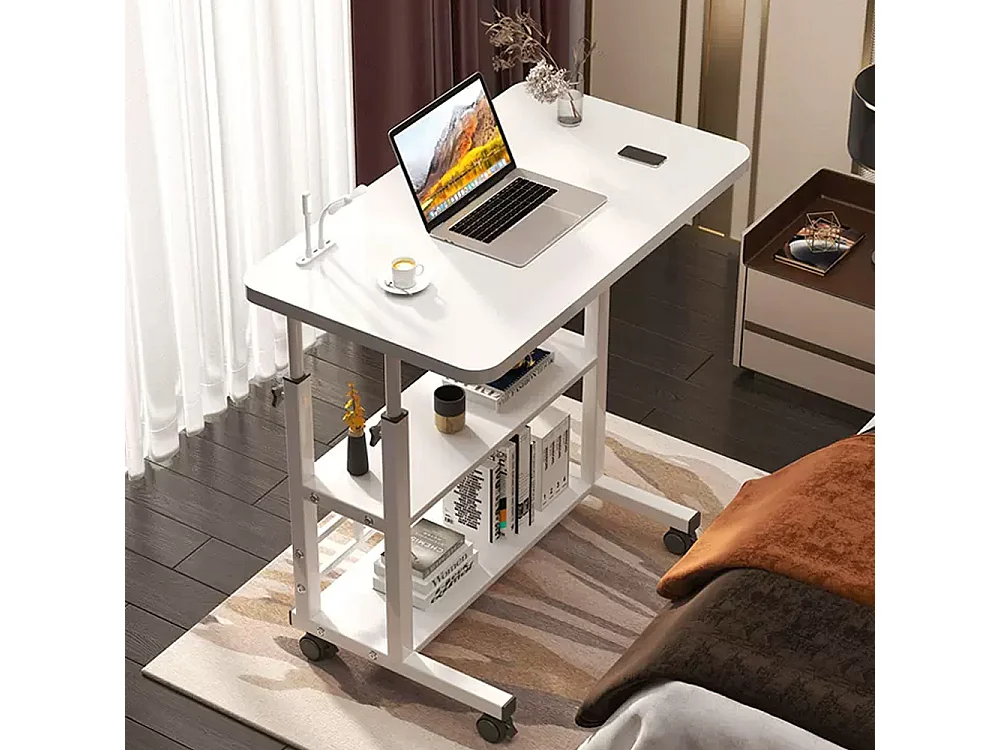 Height Adjustable Mobile Overbed Table with 4 USB Charging Ports - White