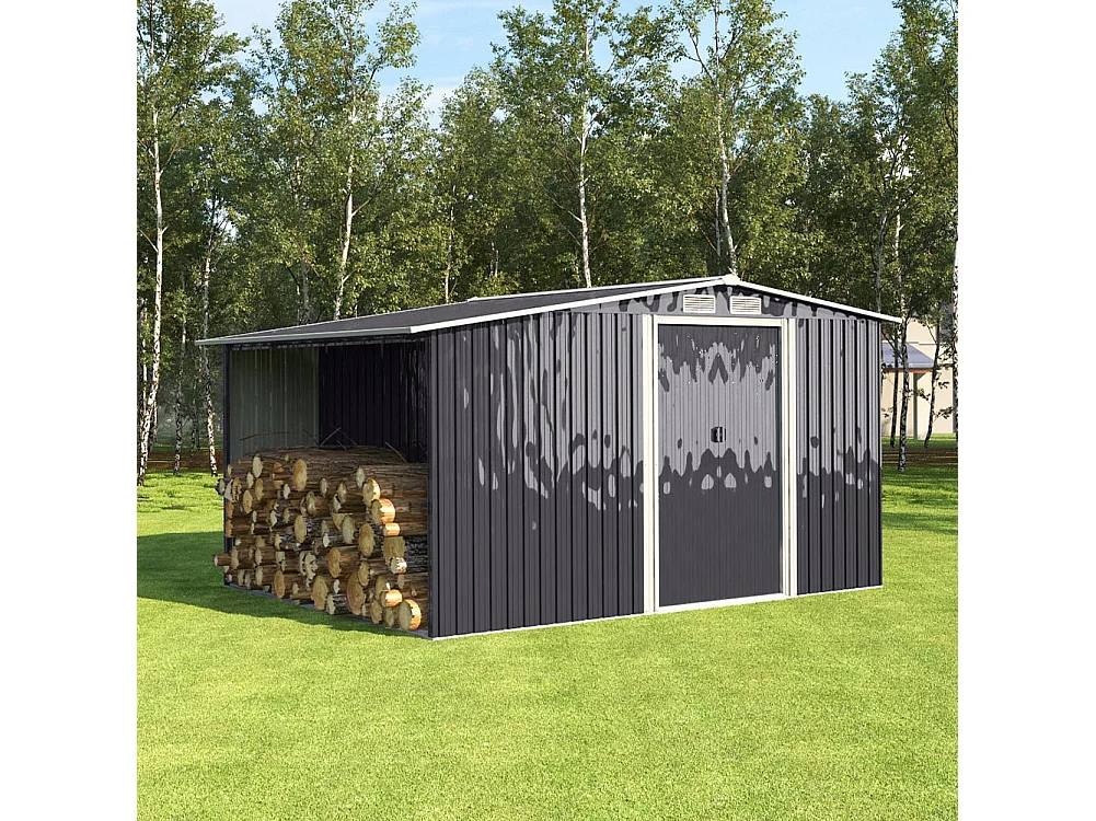 4 x 8 ft Anthracite Metal Garden Storage Shed with Firewood Storage Apex Roof