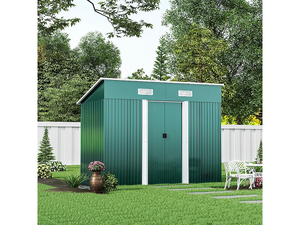 4 x 8 ft Dark Green Metal Garden Storage Shed with Sliding Doors Pent Roof