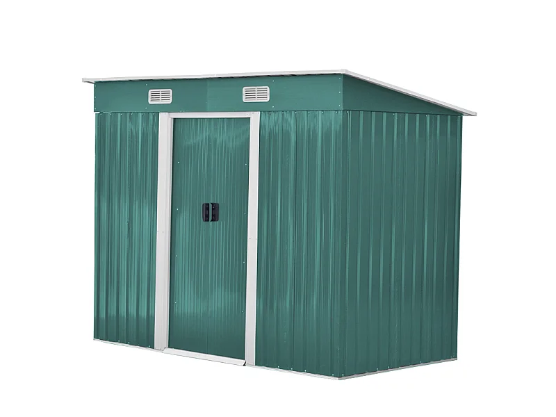 4 x 8 ft Dark Green Metal Garden Storage Shed with Sliding Doors Pent Roof
