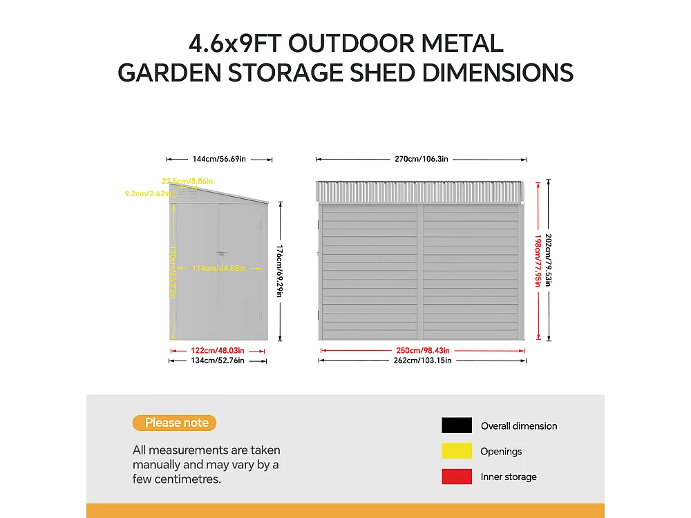4.6 x 9 ft Metal Garden Storage Shed with Double Doors Pent Roof - White