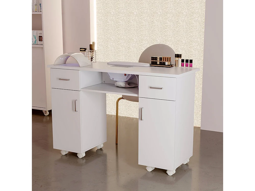White Manicure Table with Dust Extractor 2 Drawers Shelf & Wheels