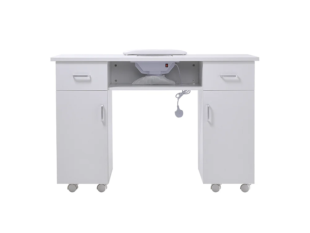 White Manicure Table with Dust Extractor 2 Drawers Shelf & Wheels