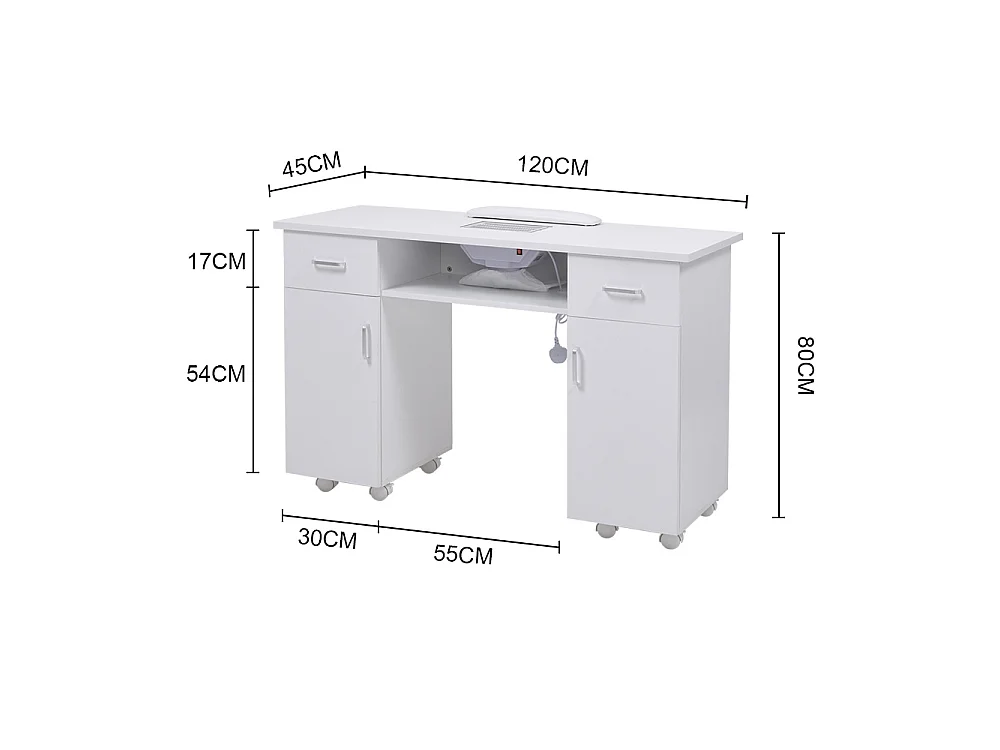 White Manicure Table with Dust Extractor 2 Drawers Shelf & Wheels
