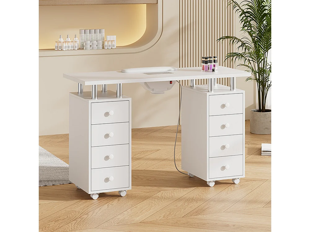 White Manicure Table with Dust Collector 8 Drawers & Wheels
