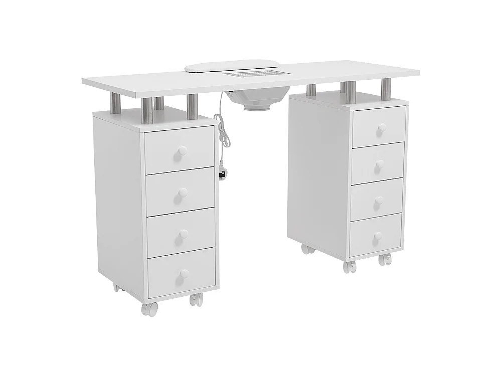 White Manicure Table with Dust Collector 8 Drawers & Wheels