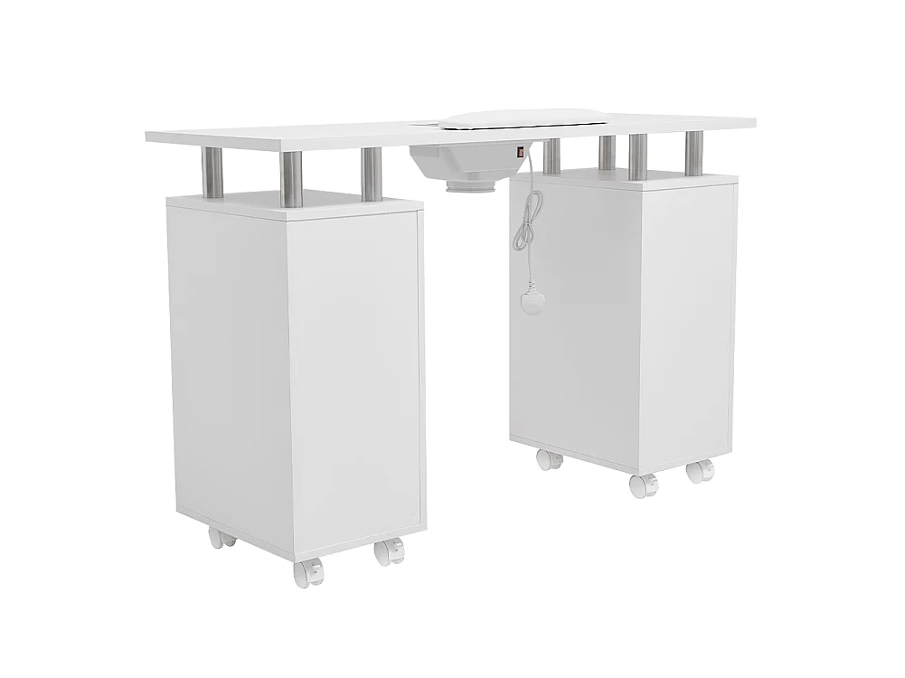 White Manicure Table with Dust Collector 8 Drawers & Wheels