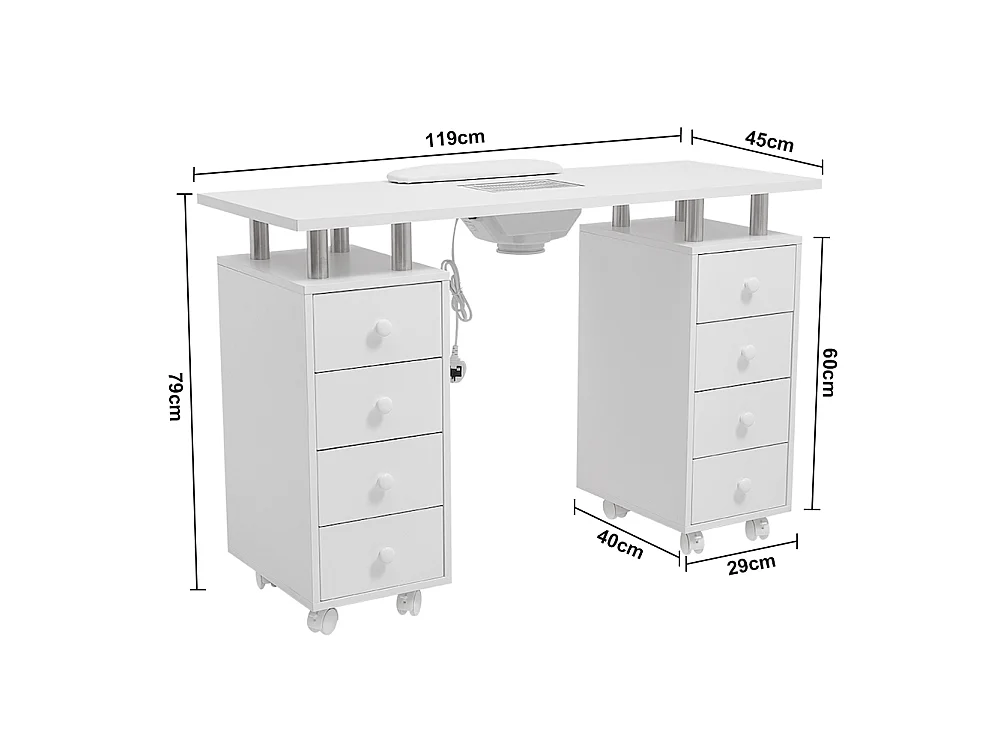 White Manicure Table with Dust Collector 8 Drawers & Wheels