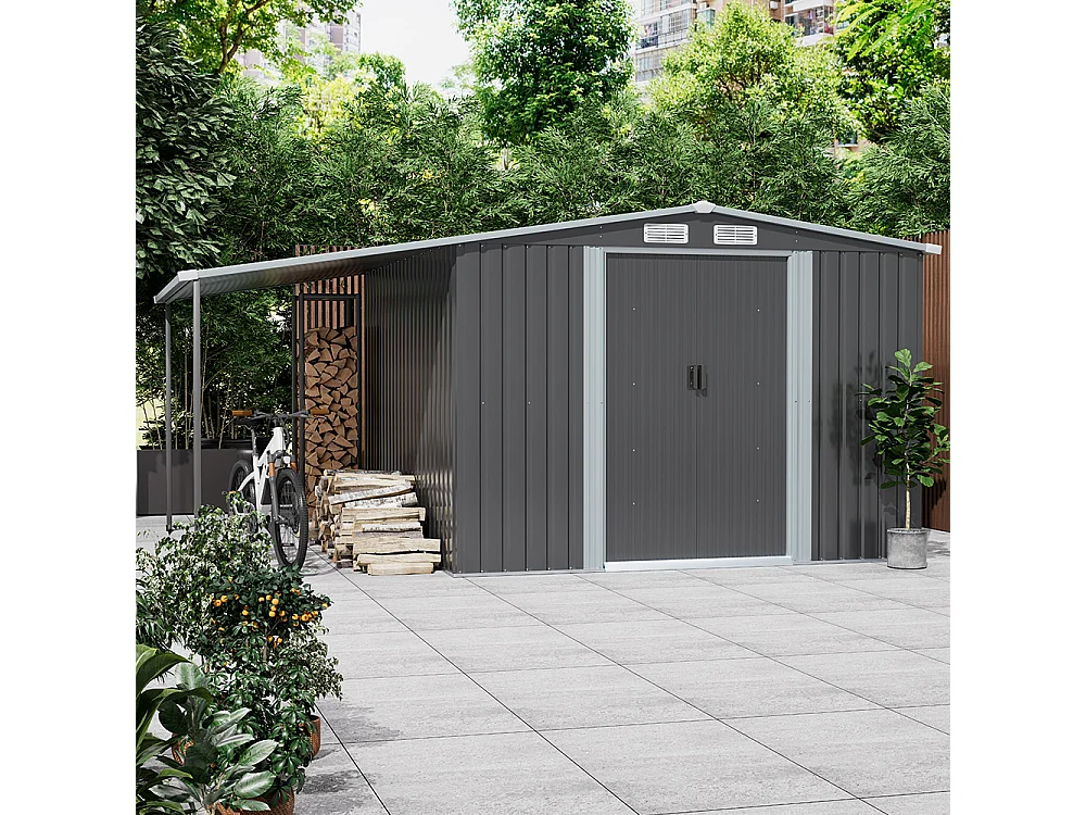 8 x 8 ft Dark Grey Metal Garden Storage Shed with Lean to Gable Roof Sliding Doors