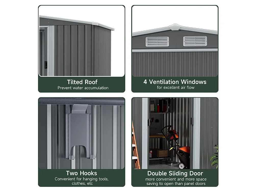 8 x 8 ft Dark Grey Metal Garden Storage Shed with Lean to Gable Roof Sliding Doors