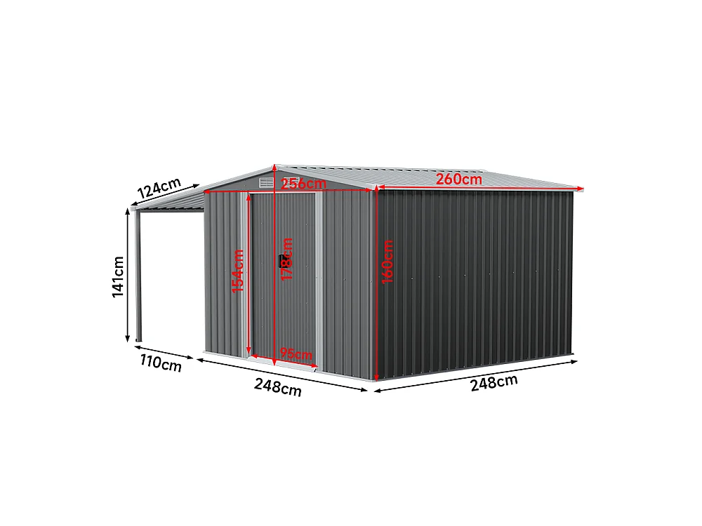 8 x 8 ft Dark Grey Metal Garden Storage Shed with Lean to Gable Roof Sliding Doors