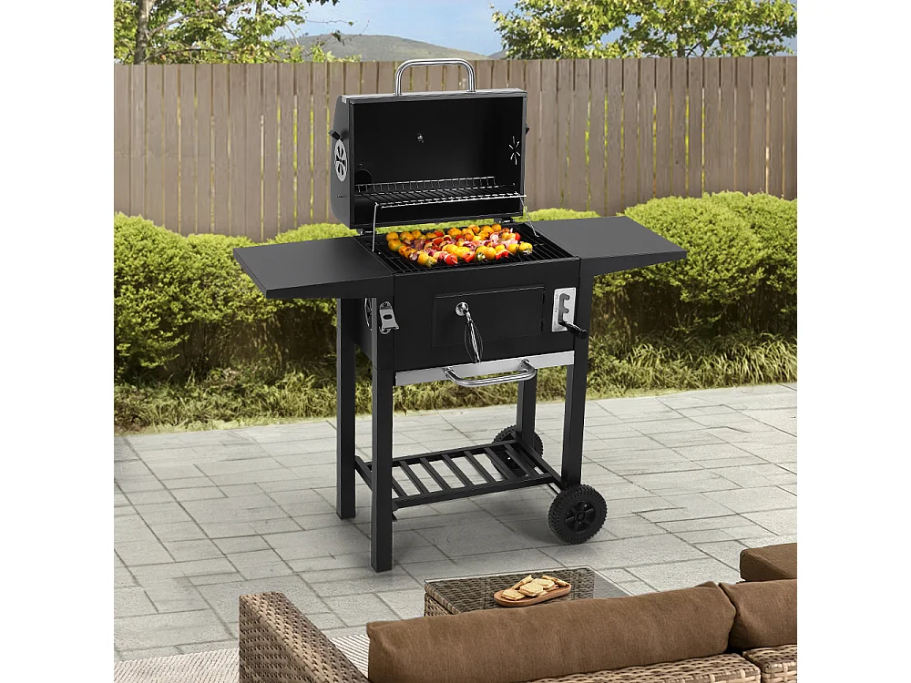 Black Carbon Steel Charcoal BBQ Grill with Dome, Thermometer & Side Shelves