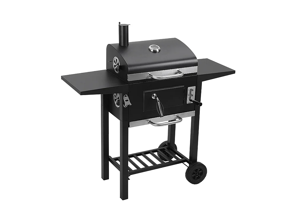 Black Carbon Steel Charcoal BBQ Grill with Dome, Thermometer & Side Shelves