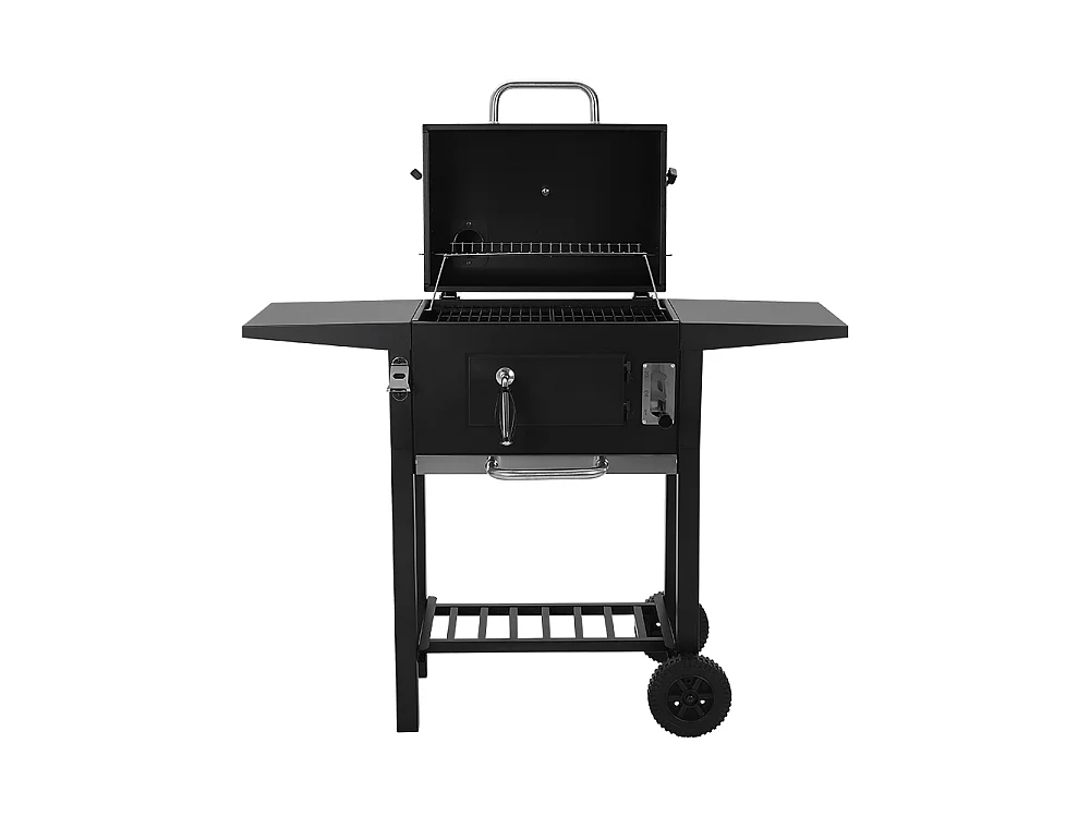 Black Carbon Steel Charcoal BBQ Grill with Dome, Thermometer & Side Shelves