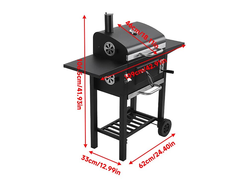 Black Carbon Steel Charcoal BBQ Grill with Dome, Thermometer & Side Shelves