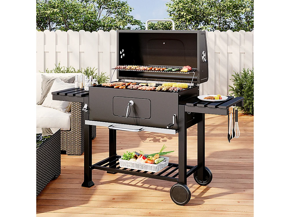 Black Carbon Steel Portable Charcoal BBQ Grill with Thermometer & Side Shelves