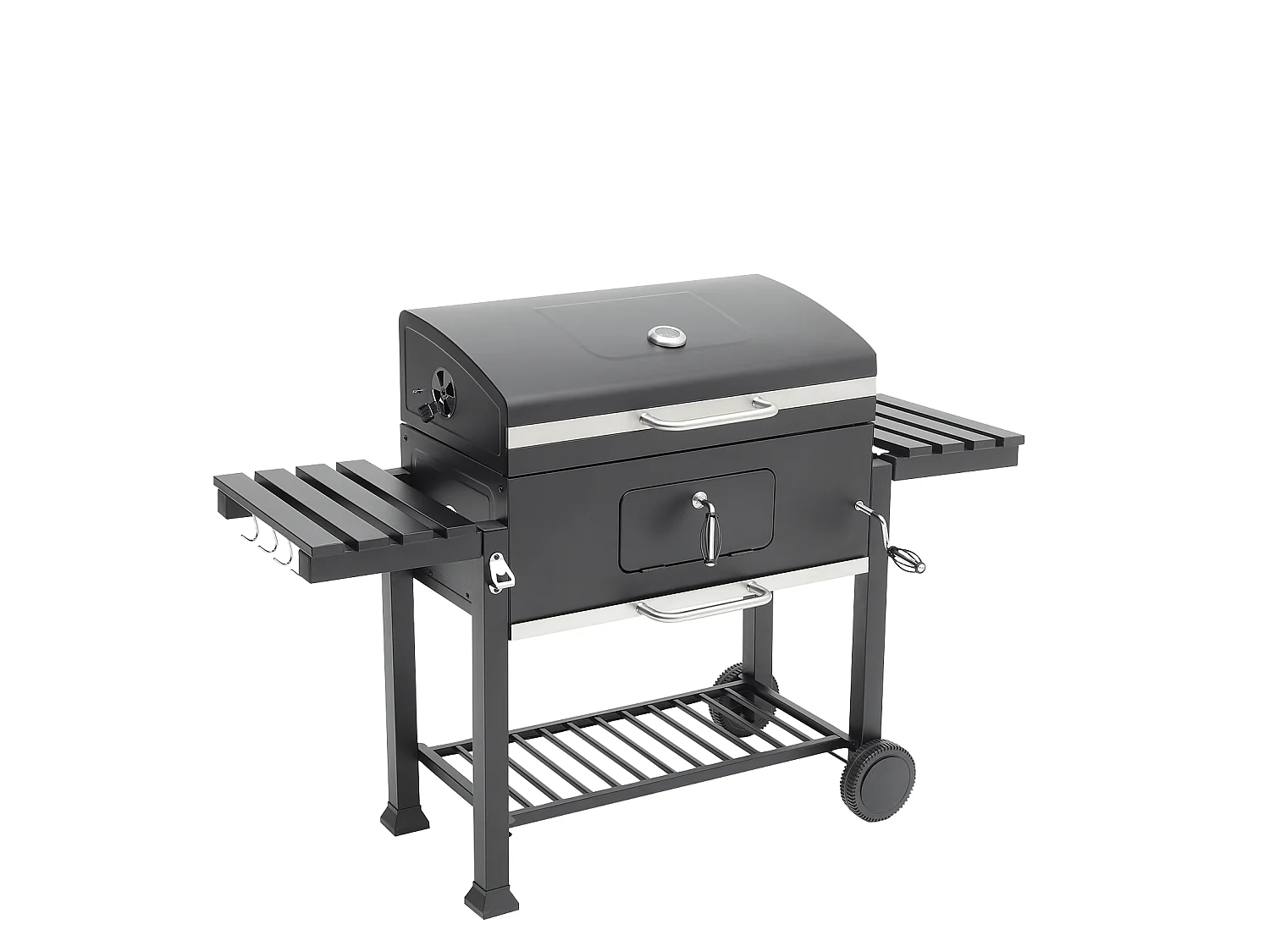 Black Carbon Steel Portable Charcoal BBQ Grill with Thermometer & Side Shelves
