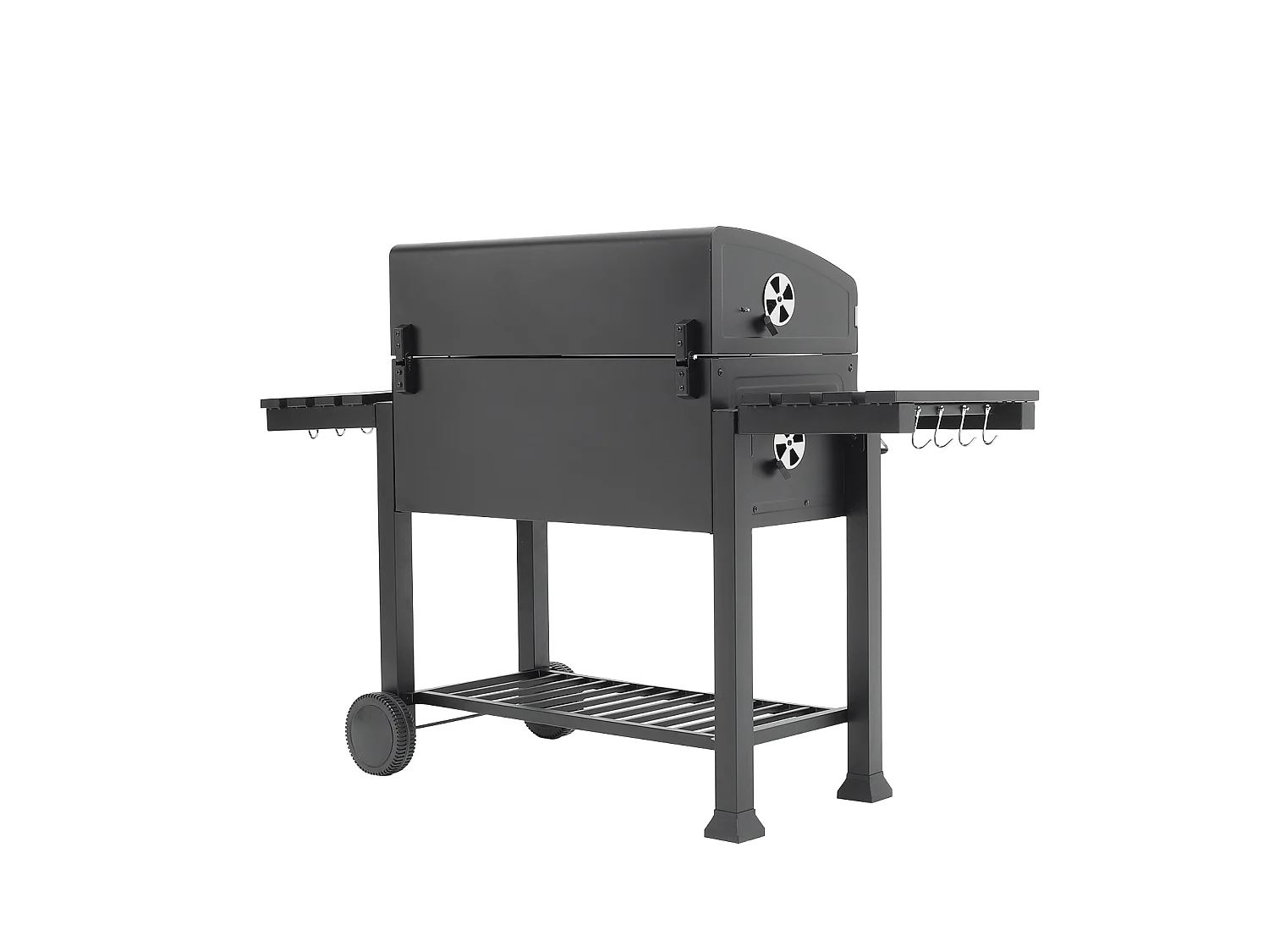 Black Carbon Steel Portable Charcoal BBQ Grill with Thermometer & Side Shelves