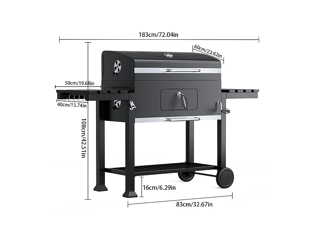 Black Carbon Steel Portable Charcoal BBQ Grill with Thermometer & Side Shelves