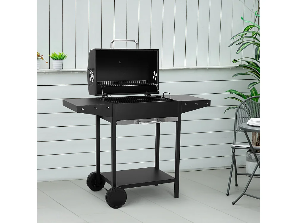 Black Carbon Steel Charcoal BBQ Grill with Thermometer, Side Shelves & Wheels