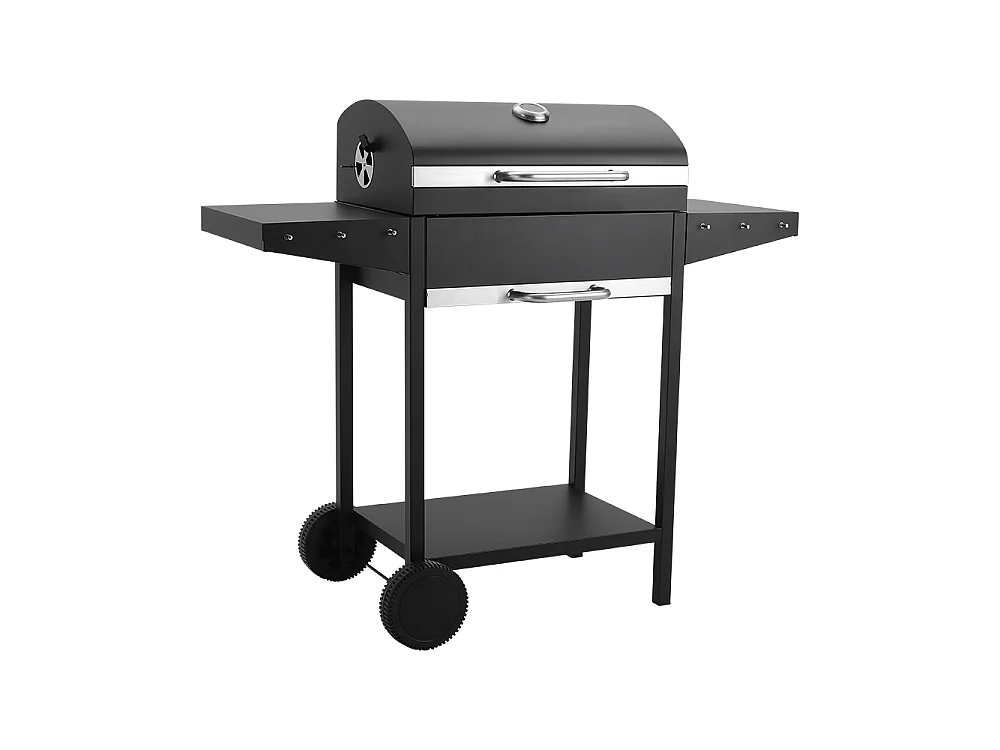 Black Carbon Steel Charcoal BBQ Grill with Thermometer, Side Shelves & Wheels