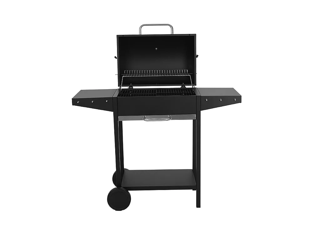 Black Carbon Steel Charcoal BBQ Grill with Thermometer, Side Shelves & Wheels