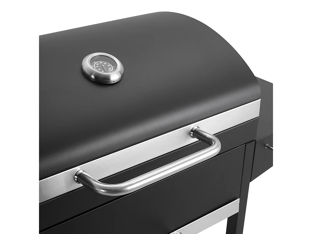 Black Carbon Steel Charcoal BBQ Grill with Thermometer, Side Shelves & Wheels