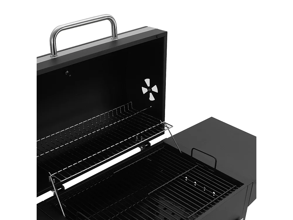 Black Carbon Steel Charcoal BBQ Grill with Thermometer, Side Shelves & Wheels