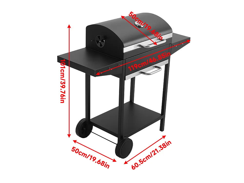 Black Carbon Steel Charcoal BBQ Grill with Thermometer, Side Shelves & Wheels