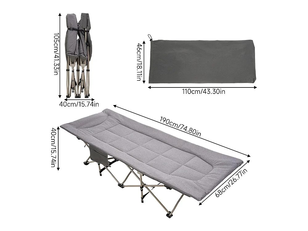 Foldable Heavy Duty Camping Cot with Headrest 280kg Capacity - Grey