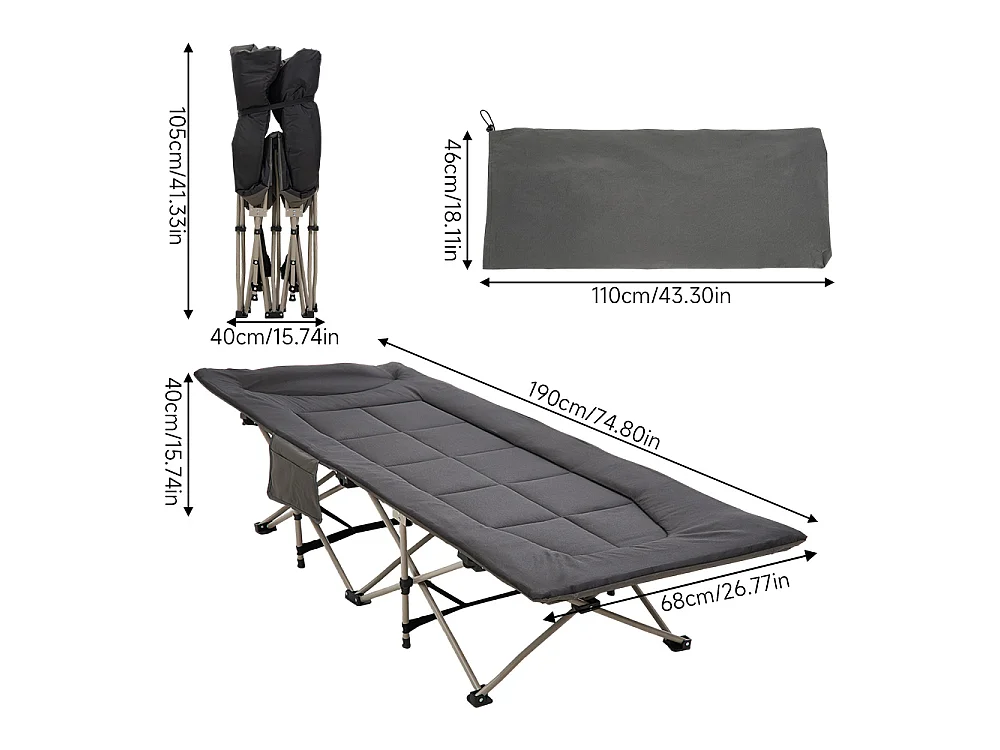 Foldable Heavy Duty Camping Cot with Headrest 280kg Capacity - Black