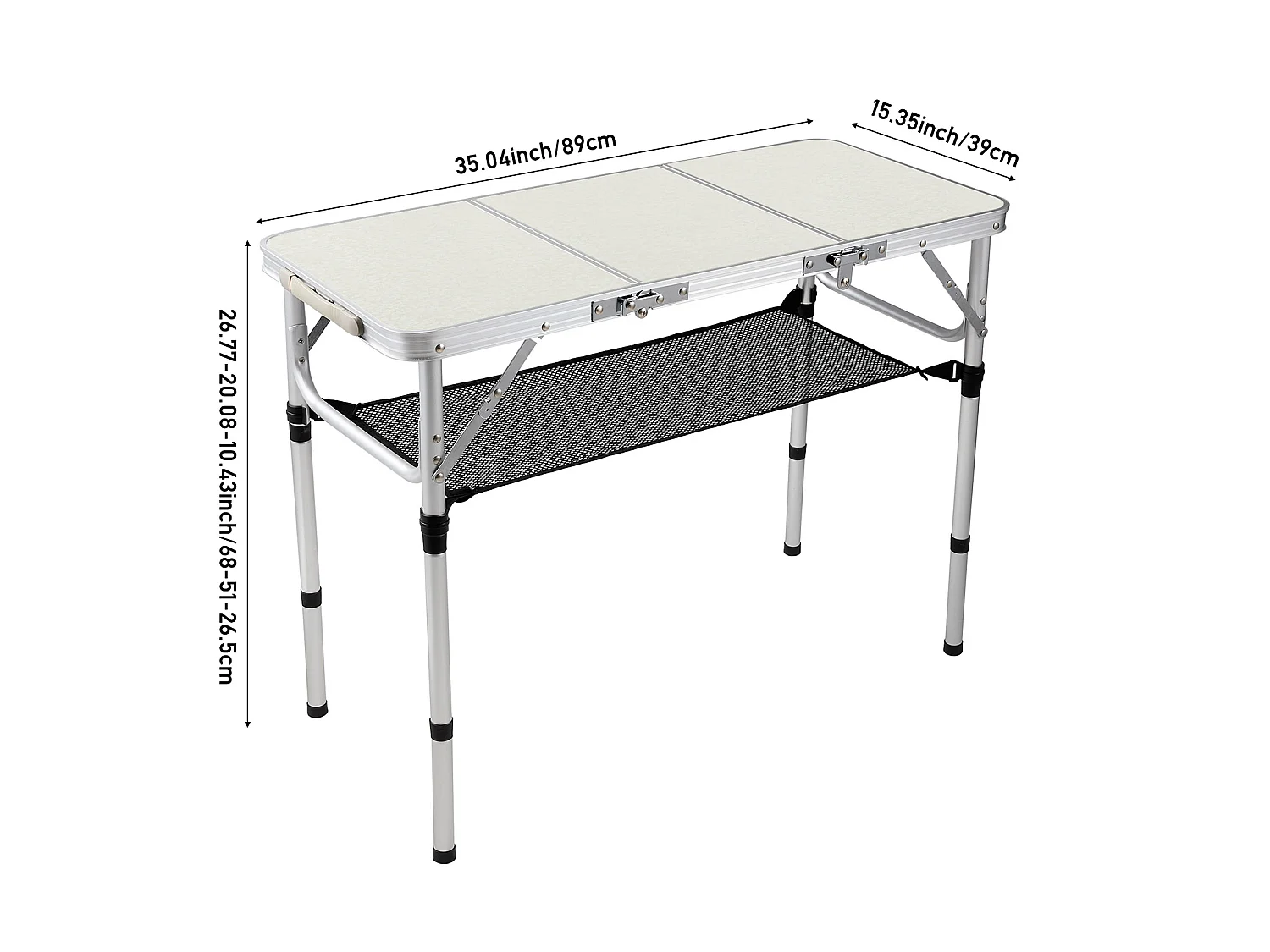 Foldable Aluminium Camping Table with Adjustable Height - Tri-Fold - Beige White
