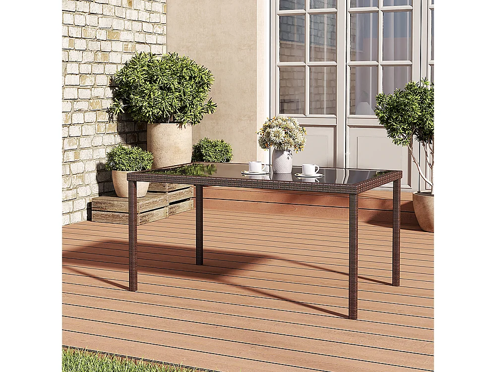Rectangular Rattan Garden Dining Table with Tempered Glass Top - Brown