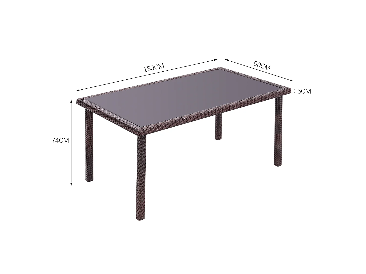 Rectangular Rattan Garden Dining Table with Tempered Glass Top - Brown