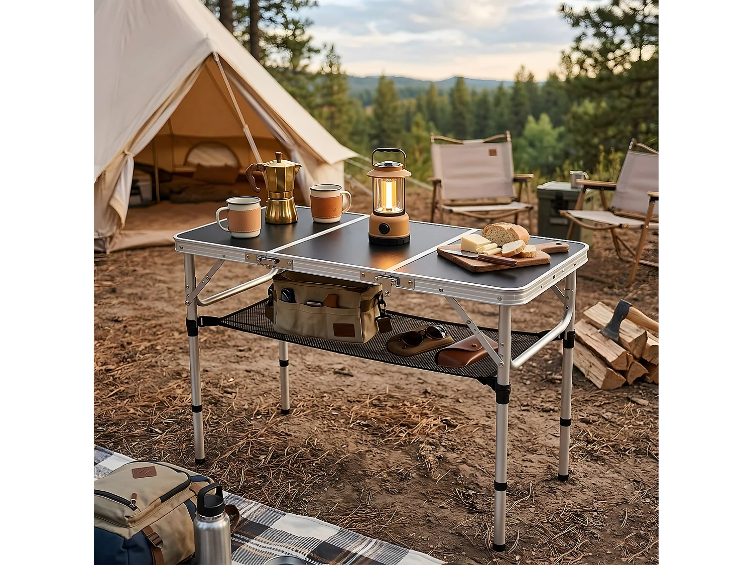 Foldable Aluminium Camping Table with Adjustable Height - Tri-Fold - Black