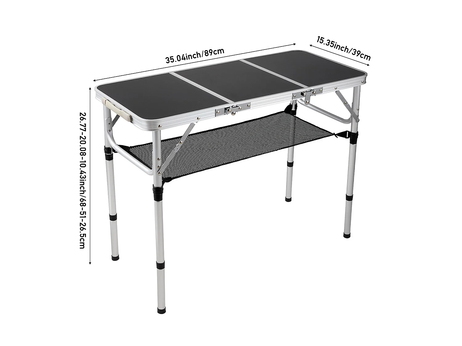 Foldable Aluminium Camping Table with Adjustable Height - Tri-Fold - Black