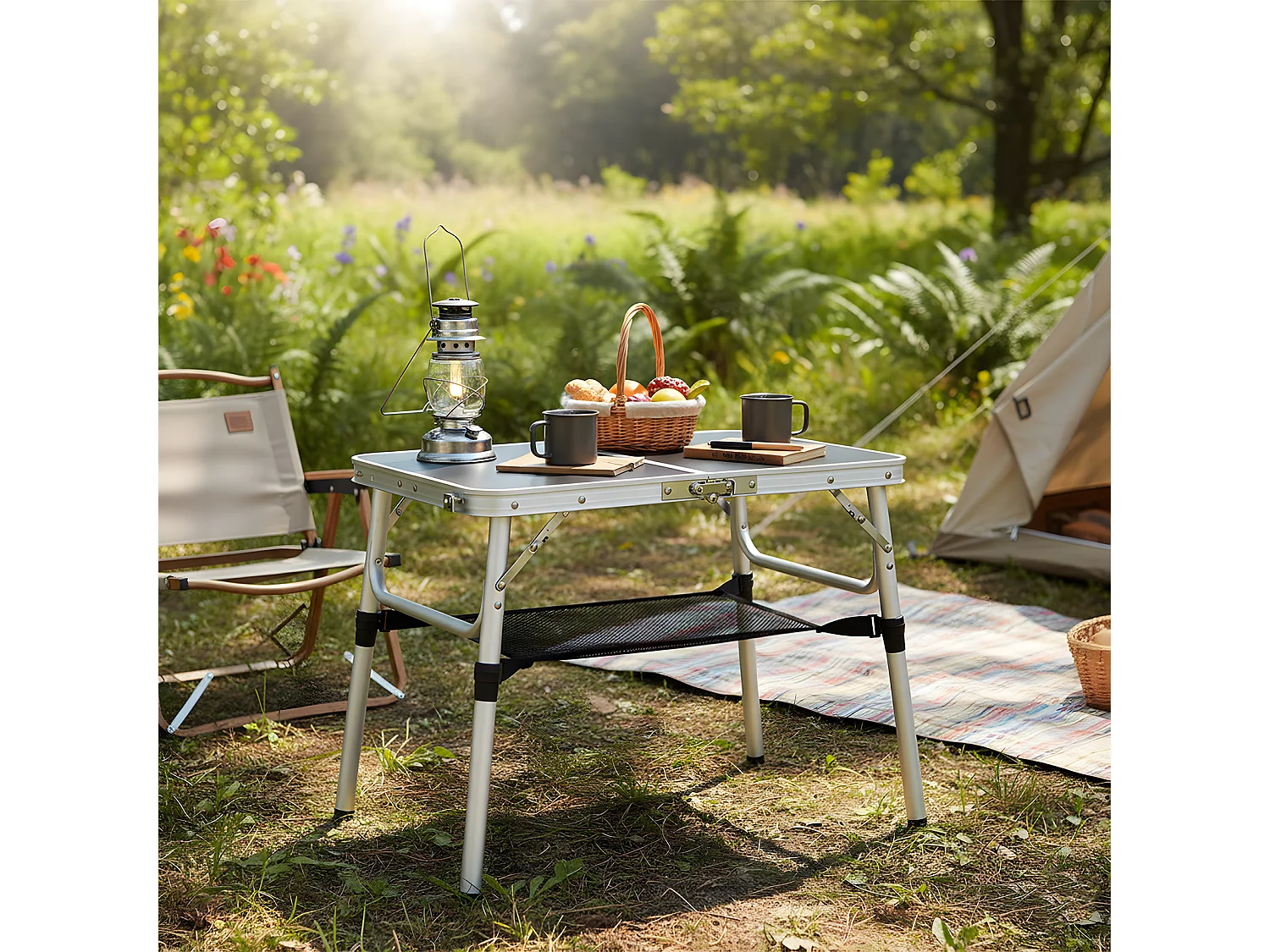 Foldable Aluminium Camping Table with Adjustable Height - Double Folding - Black