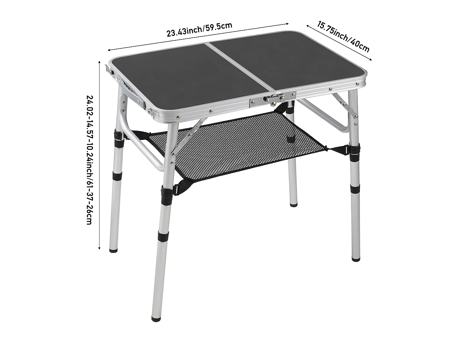 Foldable Aluminium Camping Table with Adjustable Height - Double Folding - Black