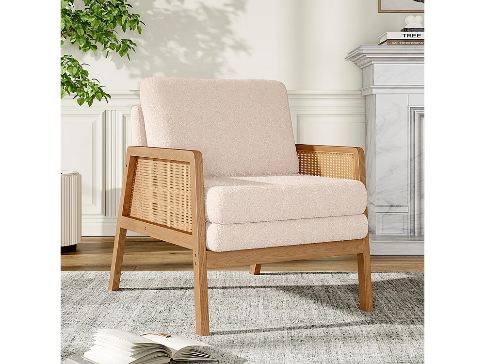 White Teddy Fleece Armchair with Wooden Frame & Rattan Side Panels