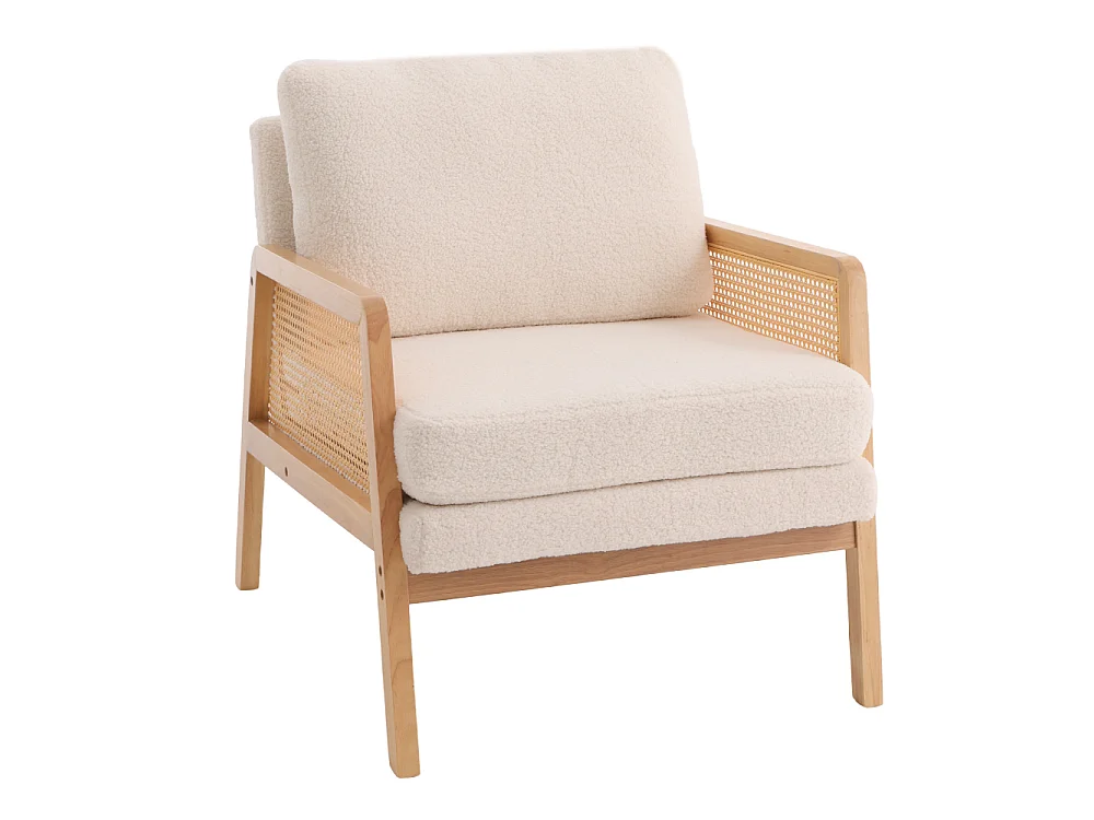 White Teddy Fleece Armchair with Wooden Frame & Rattan Side Panels