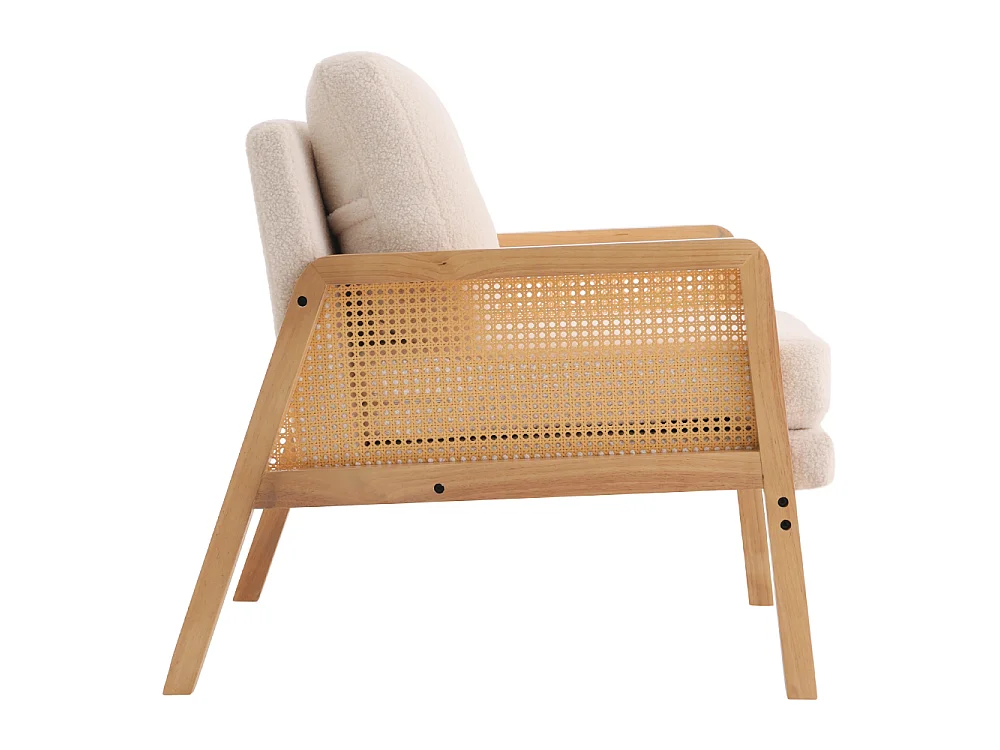 White Teddy Fleece Armchair with Wooden Frame & Rattan Side Panels