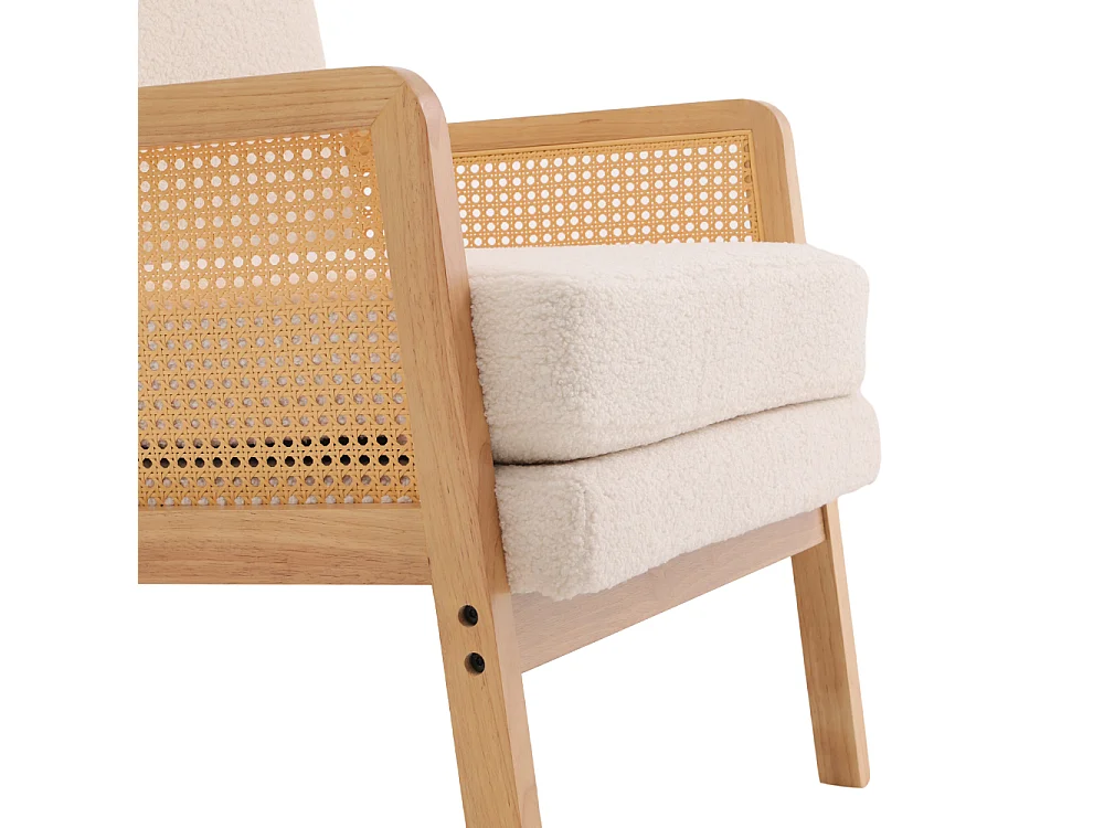 White Teddy Fleece Armchair with Wooden Frame & Rattan Side Panels