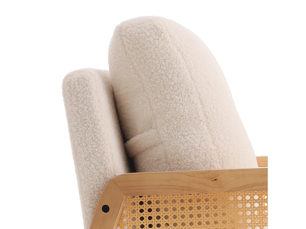 White Teddy Fleece Armchair with Wooden Frame & Rattan Side Panels