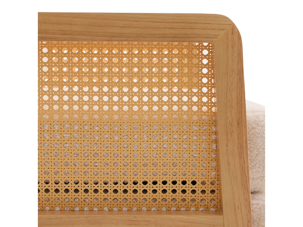 White Teddy Fleece Armchair with Wooden Frame & Rattan Side Panels