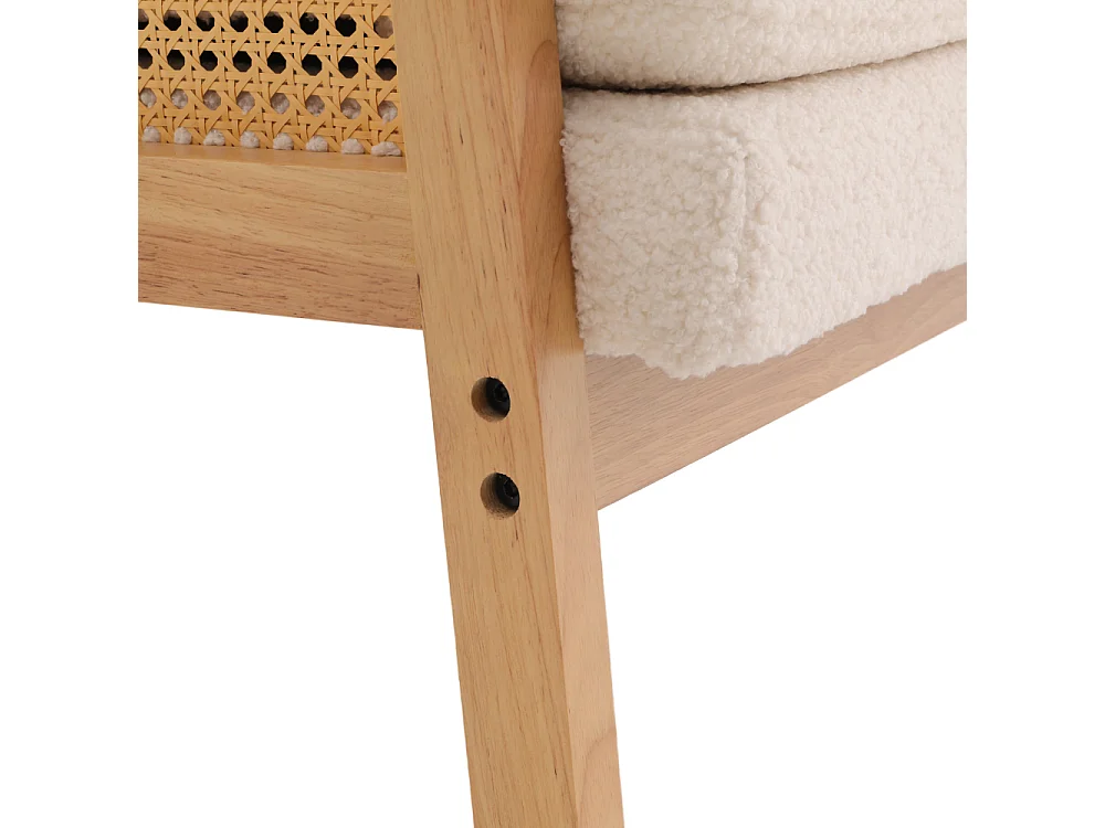 White Teddy Fleece Armchair with Wooden Frame & Rattan Side Panels