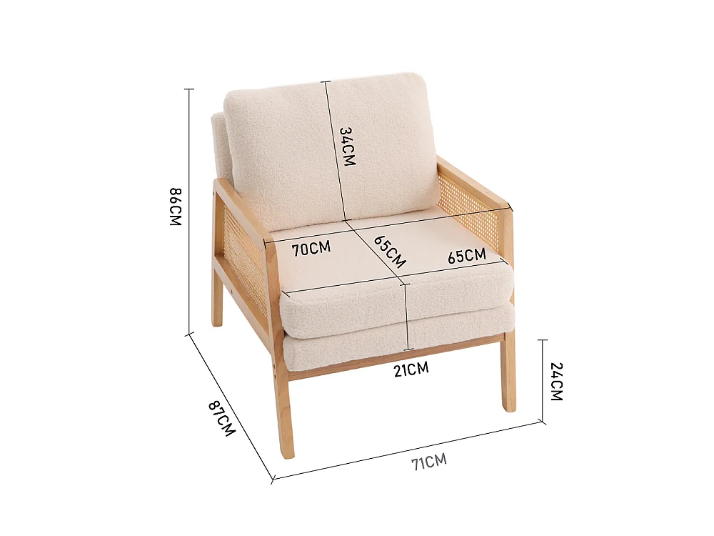 White Teddy Fleece Armchair with Wooden Frame & Rattan Side Panels