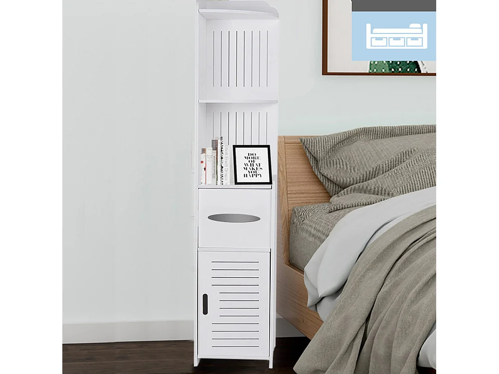 White Bathroom Storage Cabinet with 3 Shelves & Toilet Paper Holder