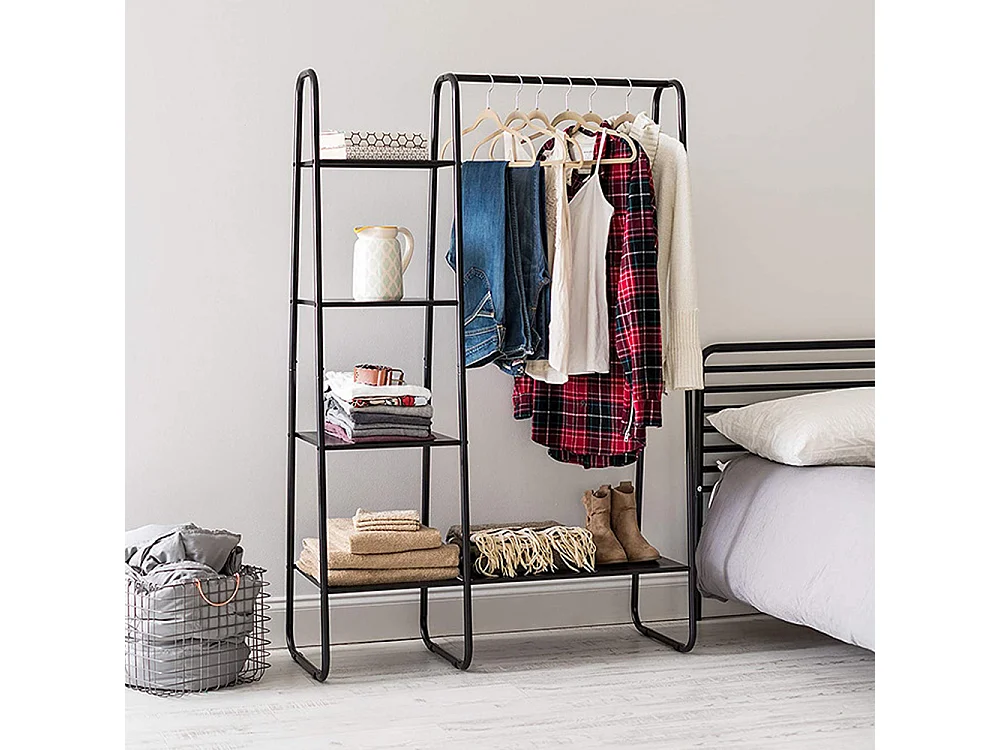 Freestanding Metal Garment Rack with Shelves Black